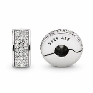 Pandora Moments Clear Pavé CZ Clip Charm Set of 2 Sterling Silver Silicone Lined